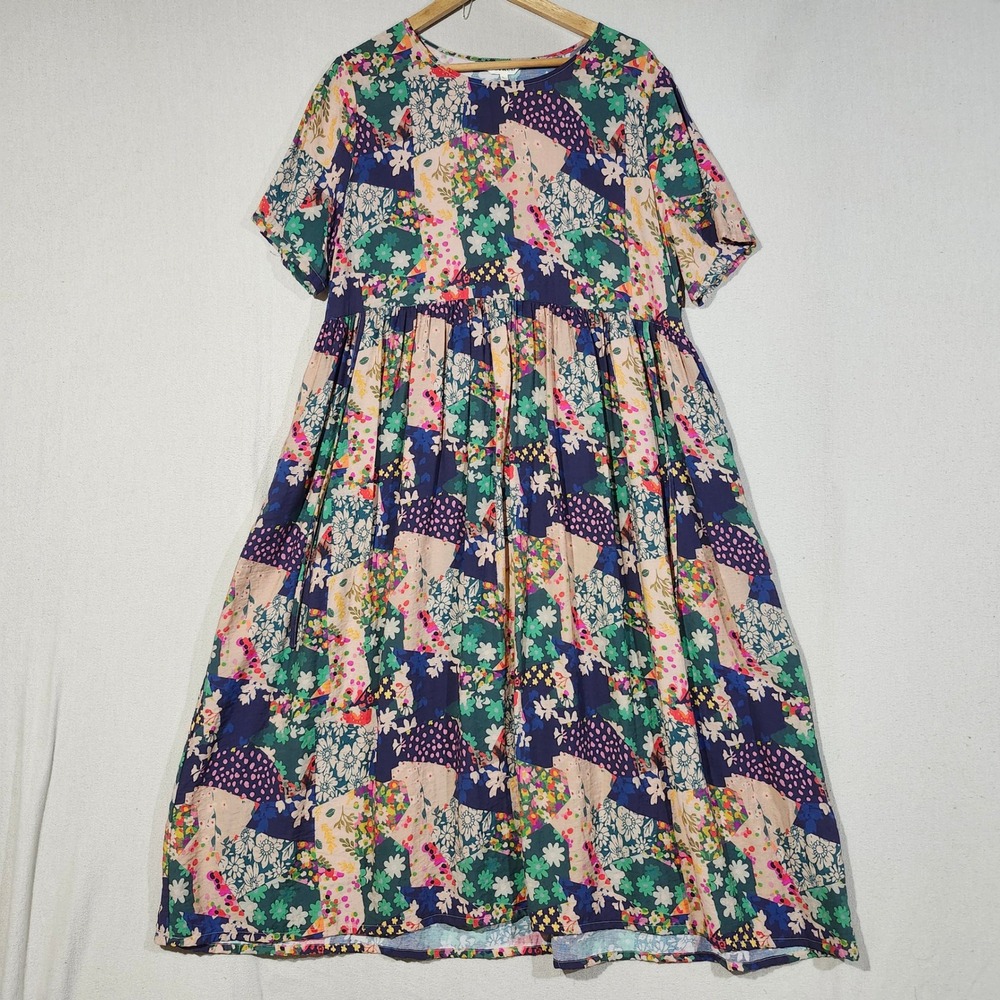 BUYKUD Women Lg Patchwork Floral Midi Dress Short Sleeve Lagenlook Cotton Boho
